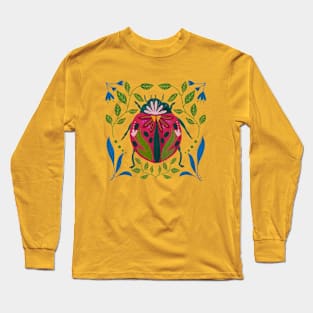 Whimsical Ladybug Insect Art with Flowers and Leaves Long Sleeve T-Shirt